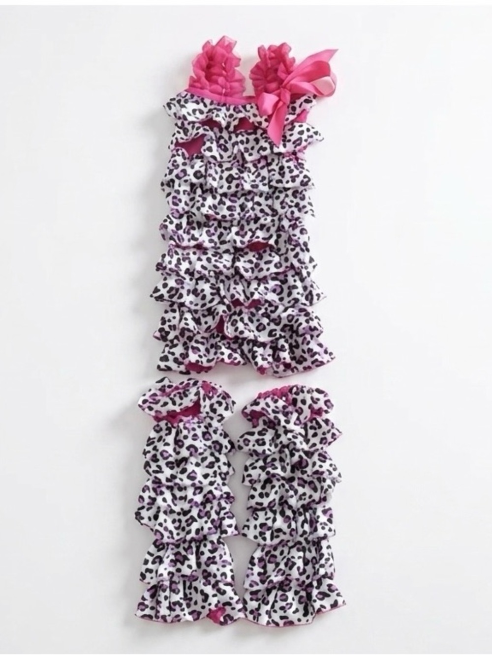 Handmade Baby Girl Barbie Pink Leopard Ruffle Romper & Leg Warmer Set 12-18M